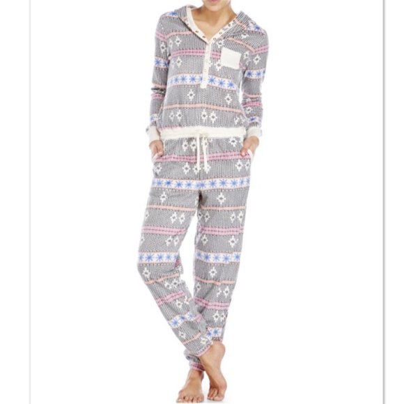 Kensie Onesie Hooded Fleece Pattern PJ's Large - Picture 1 of 16